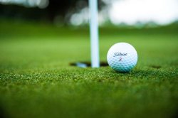 Picture of a golf ball sitting next to a hole.